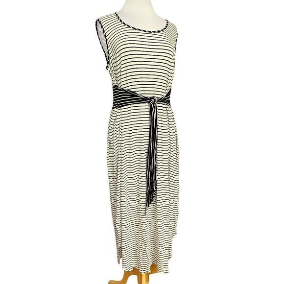 London Times Woman Black & White Nautical Stripe Tie Waist Tank Dress Sz 3X NEW - Picture 1 of 10